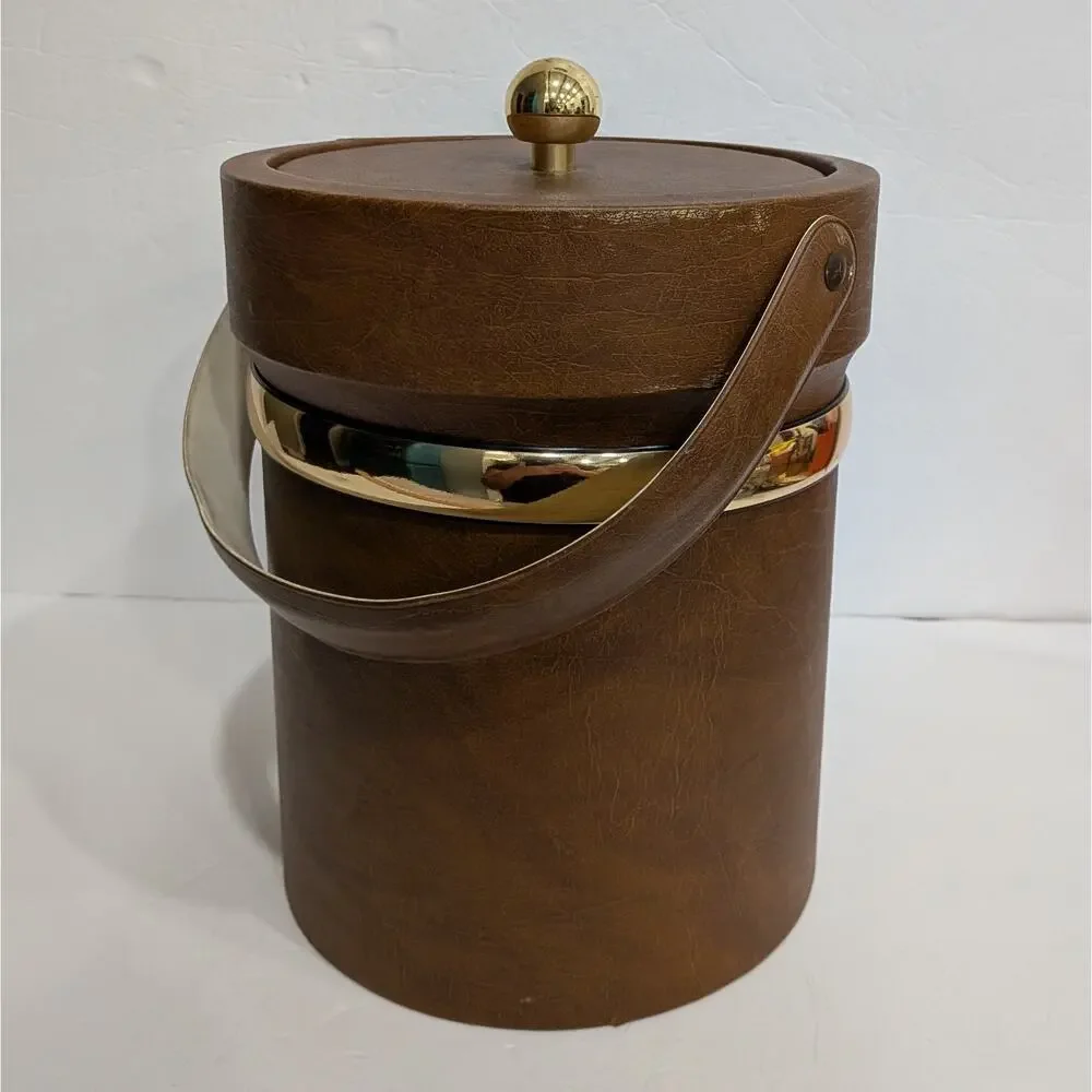 Vintage MCM Brown Faux Leather Ice Bucket Gold Brass Trim Handle Retro Barware